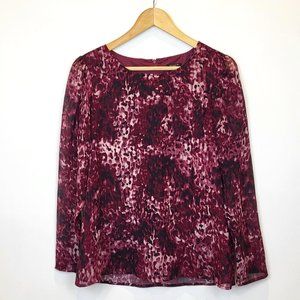 Ann Taylor Factory Maroon Abstract Print Long Sleeve Blouse, Size 6 Petite, EUC